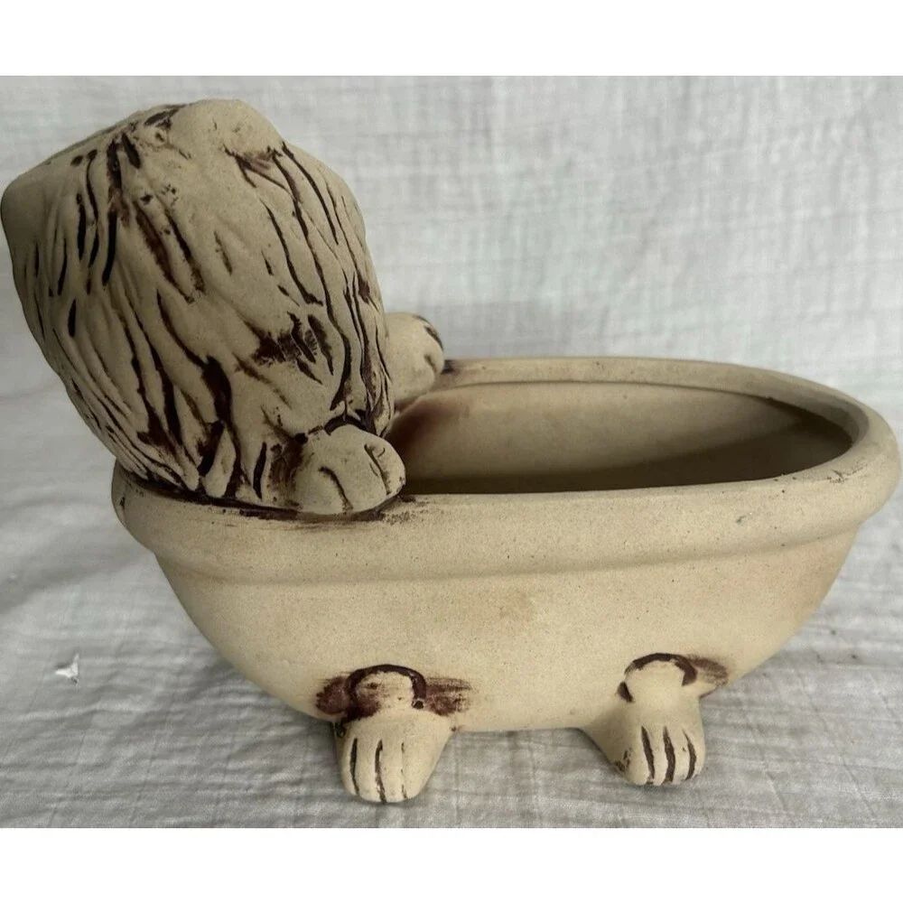 Vintage MCM Lion in a Bathtub Art Pottery Planter Vase 5.5”T 7.5”W Soap Holder